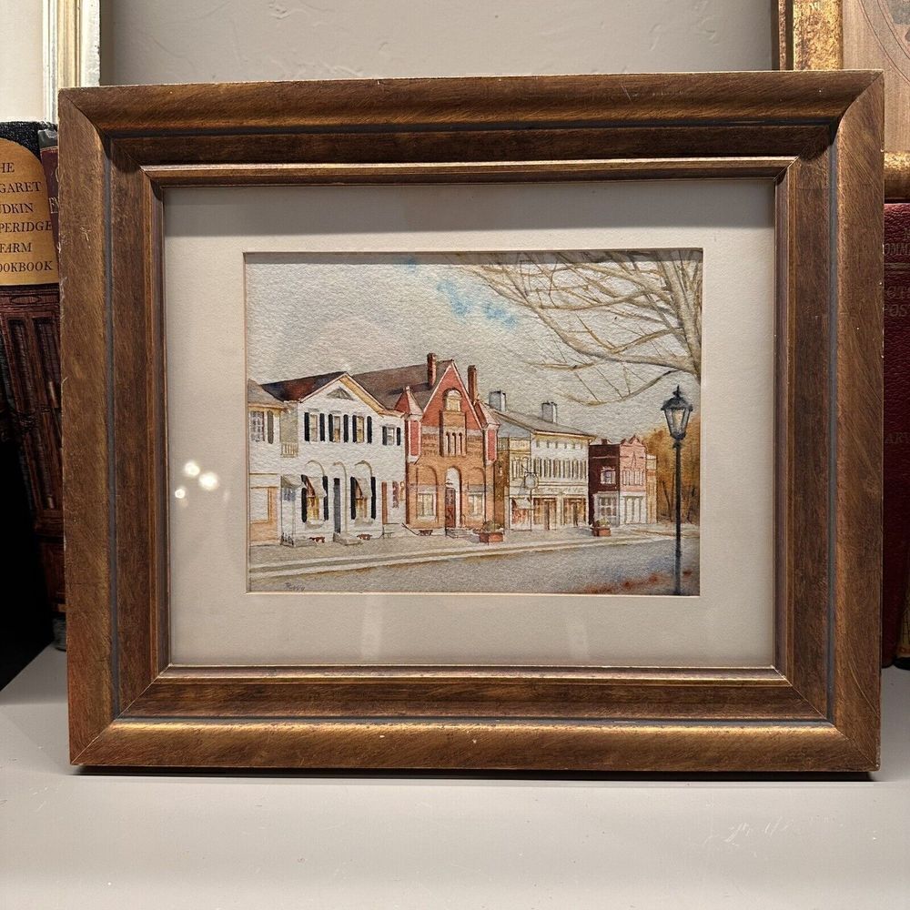 Vintage MCM Hand painted Original Water Color  Painting Framed City Scene Vtg